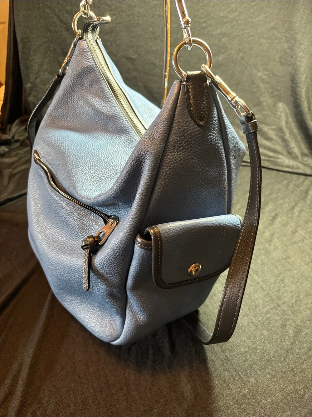 Pebbled Coach Leather Shoulder Bag in Light Blue with Front Zip
